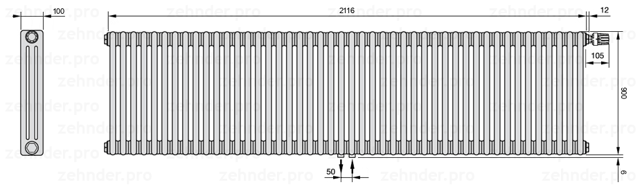 Схема (чертеж) Радиатор Zehnder Charleston 3090/46 №V008 Белый глянцевый RAL 9016